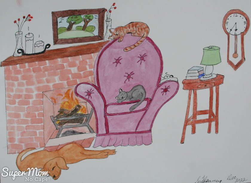 Photo of January's Calendar Page - Watercolor painting of 2 cats sleeping in arm chair and dog sleeping beside chair.