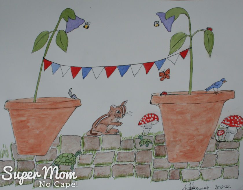 Photo of July's Calendar Page - Cute chipmunk with flower pots and banner painted in watercolor.