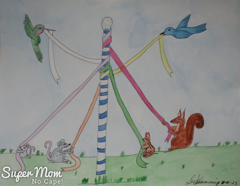Photo of May's Calendar Page - Watercolor painting of whimsical woodland creatures dancing around a Maypole.