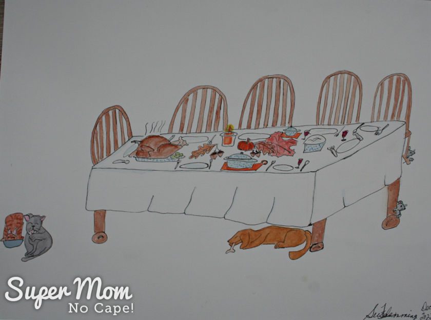 Photo of November's Calendar Page - Watercolor painting of Thanksgiving dinner on a table with pets on the floor having their dinner.