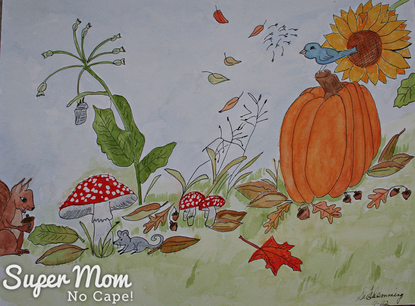 Photo of October's Calendar Page - Watercolor painting of a pumpkin, mushrooms and a sunflower with autumn leaves.