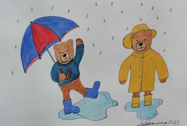 Illustration of teddy bears playing in the rain.