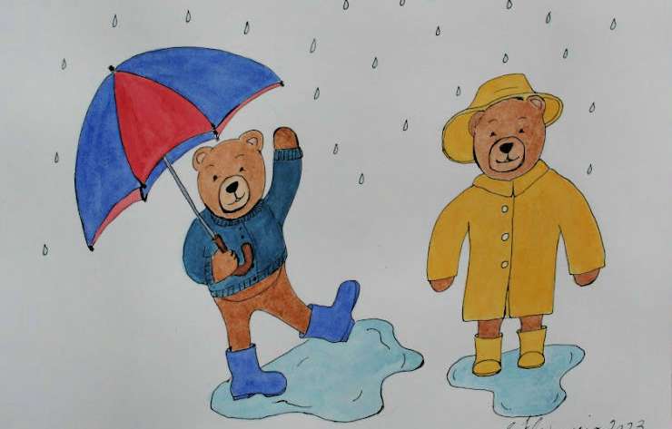 Teddy Bear Fun in the Rain Embroidery Pattern