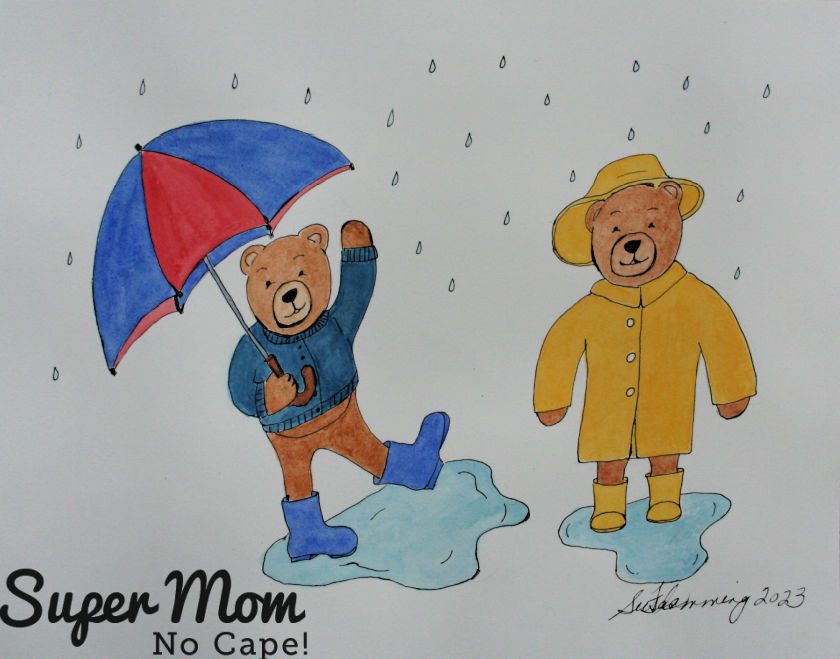 Illustration of teddy bears playing in the rain