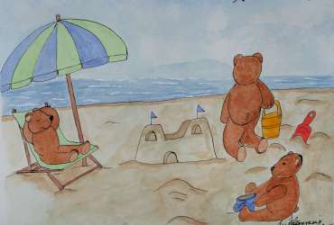 Illustration of teddy bears playing at the beach