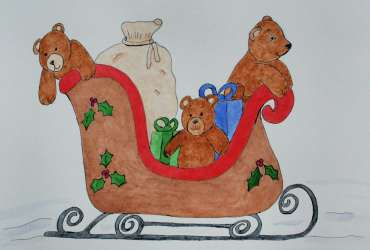 Illustration of teddy bears on Santa's Sleigh with gifts.