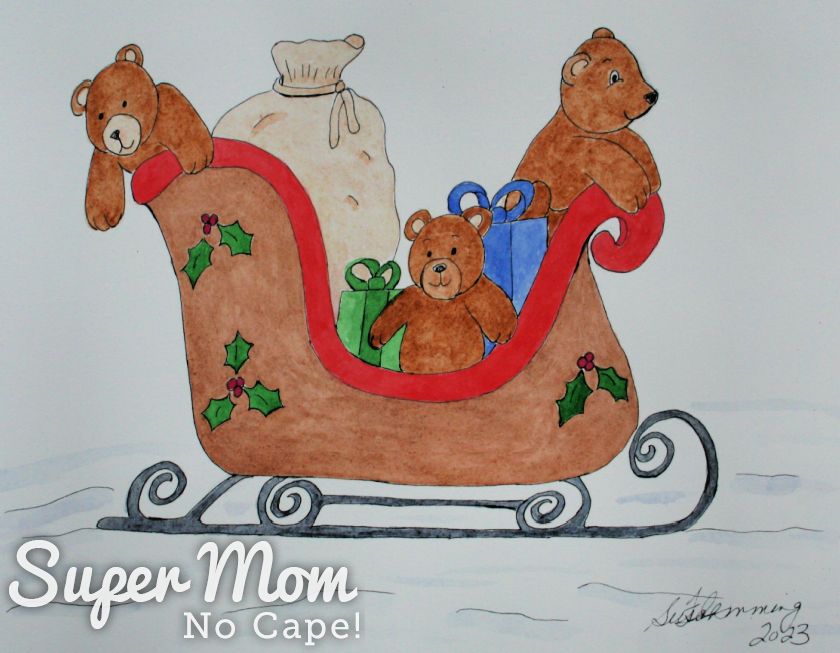 Illustration of teddy bears on Santa's sleigh with gifts