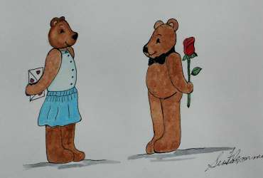 Illustration of two teddy bears exchanging Valentine's gifts