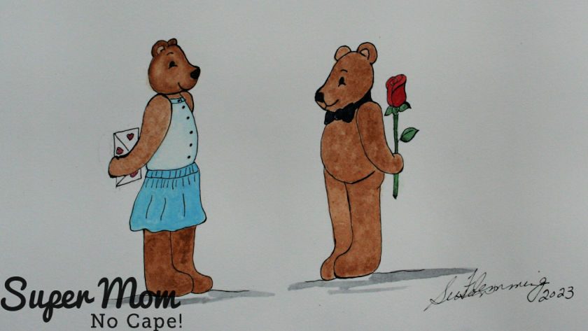 Illustration of two teddy bears exchanging Valentine's gifts.