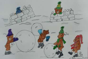 Illustration of teddy bears having fun in the snow