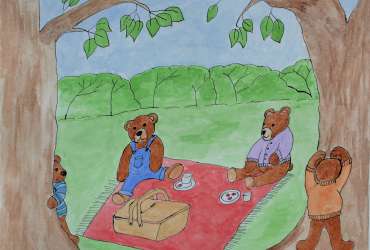Illustration of teddy bears having a picnic.