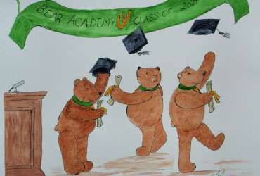 Illustration of Teddy bears throwing their caps at graduation
