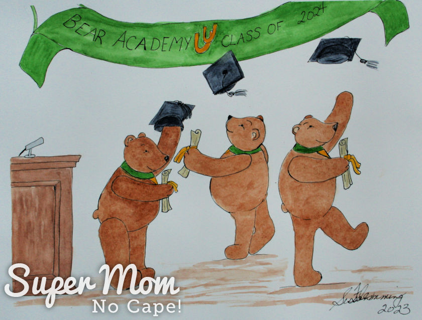 Illustration of teddy bears throwing their hats at graduation