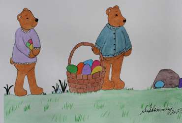 Illustration of two teddy bears searching for Easter eggs.