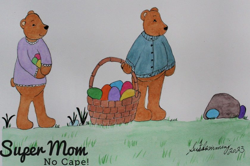 Illustration of teddy bears looking for Easter eggs.