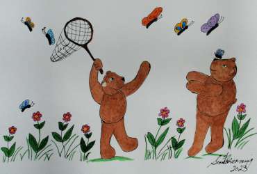 Illustration of Teddy bears catching butterflies.