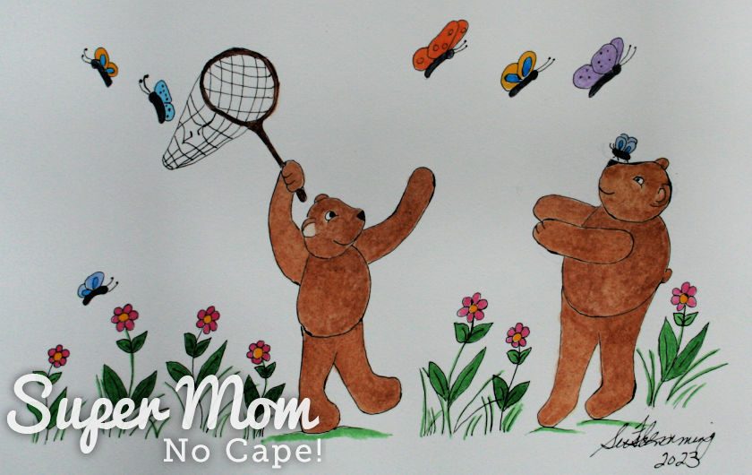 Illustration of teddy bears catching butterflies