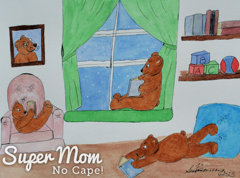 Illustration of teddy bears reading