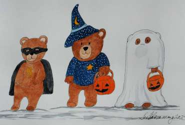 Illustration of teddy bears wearing Halloween costumes.