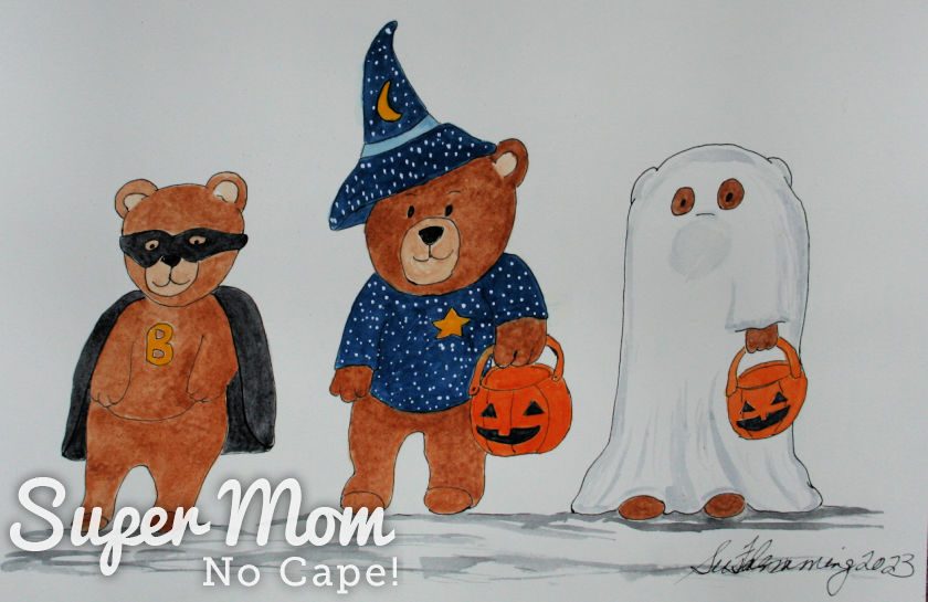 Illustration of teddy bears in Halloween costumes