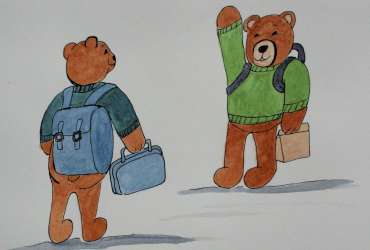 Illustration of two teddy bears going to School.