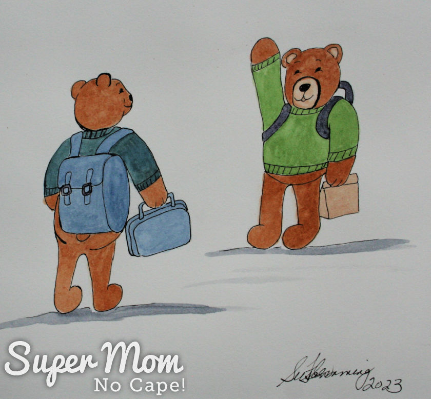 Illustration of teddy bears going to school
