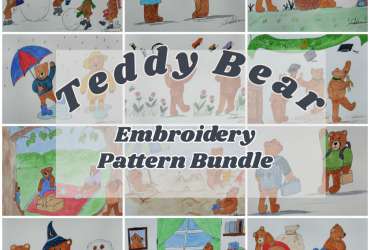 Collage of photos of the Embroidery pattern bundle.